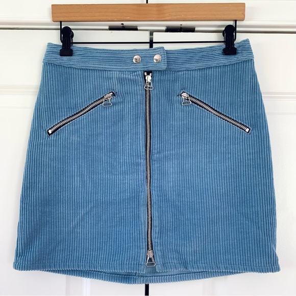 Rag & Bone Skirt Blue Corduroy Straight Cut Moto Biker Zip Front Mini Size 6 - Picture 1 of 7
